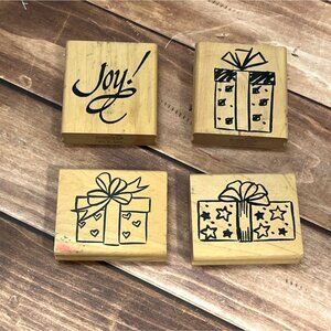 DENAMI DESIGN WOOD MOUNTED RUBBER STAMP SET OF 4 HOLIDAY GIFT BOX JOY